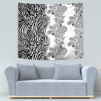 Zebra and paisley tapestry wall hanging with black accents on white fabric