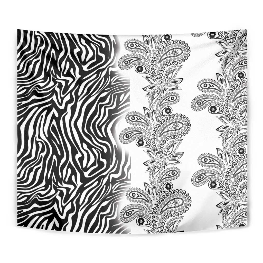 Zebra and paisley patterned tapestry with vertical floral band on the right