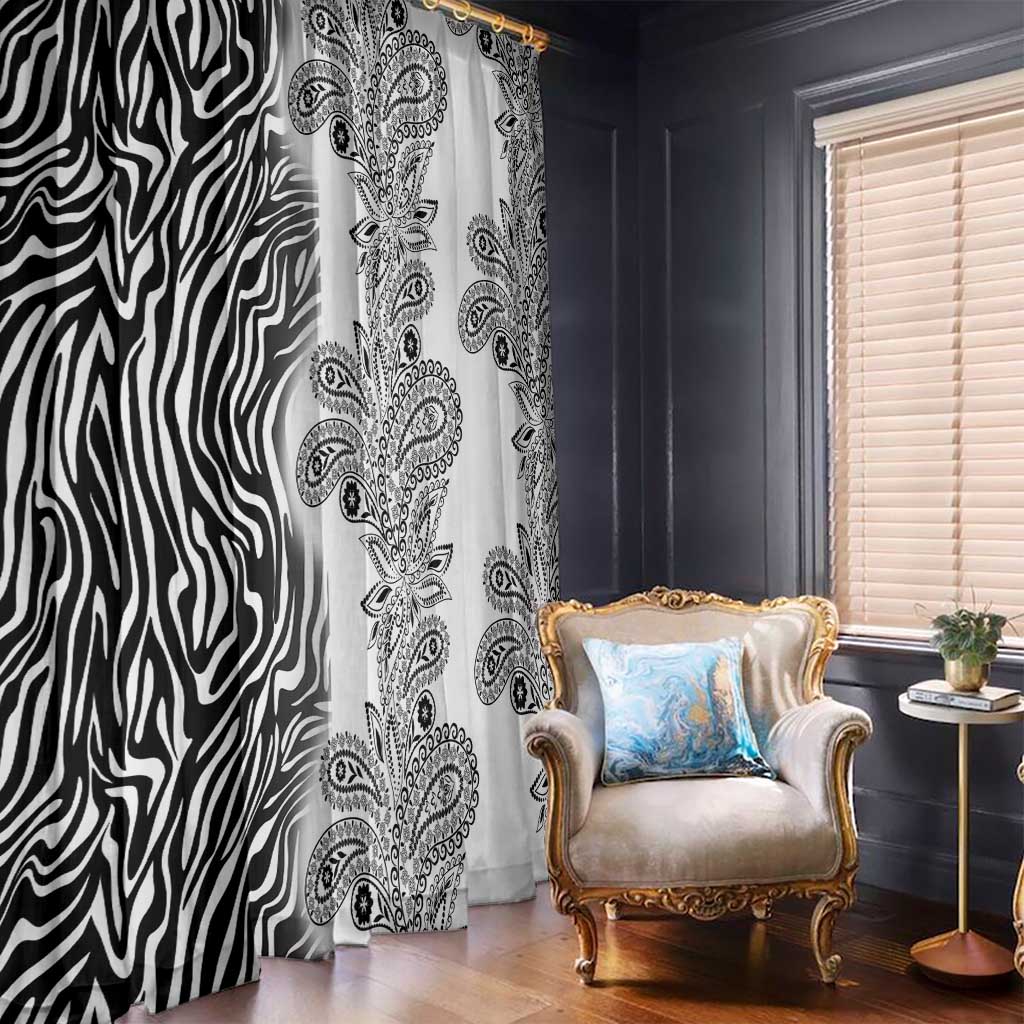 Black-and-white zebra stripe and paisley window curtain panels, long hanging drape