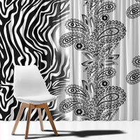 Zebra and paisley window curtain panels in black and white, floral medallion pattern