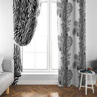 Pair of window curtain panels with zebra stripe side and paisley floral side in black/white