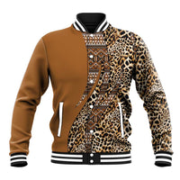 Unisex gold baseball jacket with leopard print and tribal front panel, striped rib trim