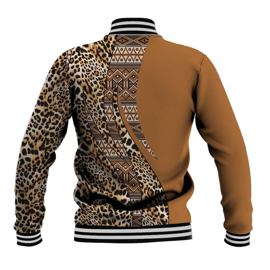 Unisex gold-and-leopard baseball jacket, tribal graphic down back, striped rib collar and cuffs