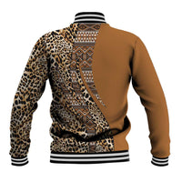Unisex gold-and-leopard baseball jacket, tribal graphic down back, striped rib collar and cuffs