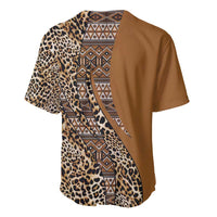 Tan baseball jersey with leopard print and tribal patterned diagonal front panel
