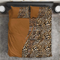 Gold and brown duvet cover set with leopard print, geometric tribal stripes, and matching pillowcases