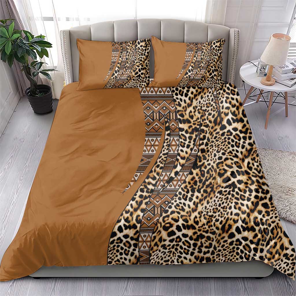 Gold and brown duvet bedding set with leopard spots and tribal border design, includes two pillows