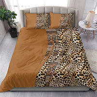 Gold and brown duvet bedding set with leopard spots and tribal border design, includes two pillows