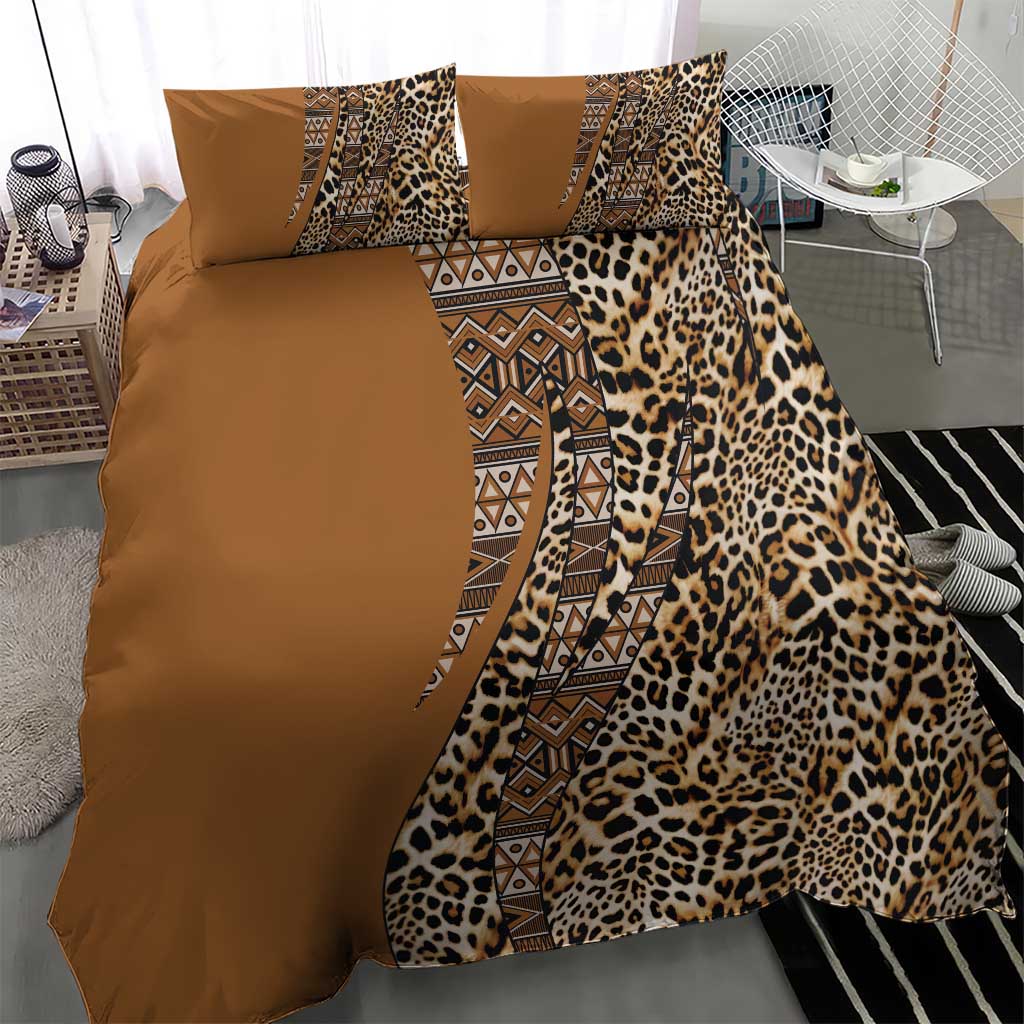 Gold and brown bedding set with bold leopard print, tribal medallion stripe, and two pillowcases