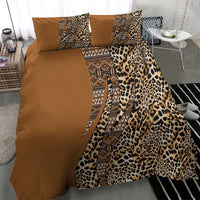Gold and brown bedding set with bold leopard print, tribal medallion stripe, and two pillowcases