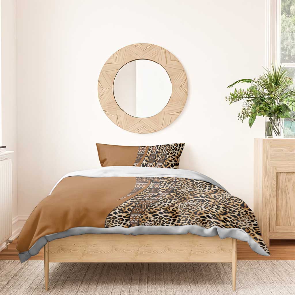 Gold and brown bedding set featuring leopard print with tribal diamond accents and two pillowcases