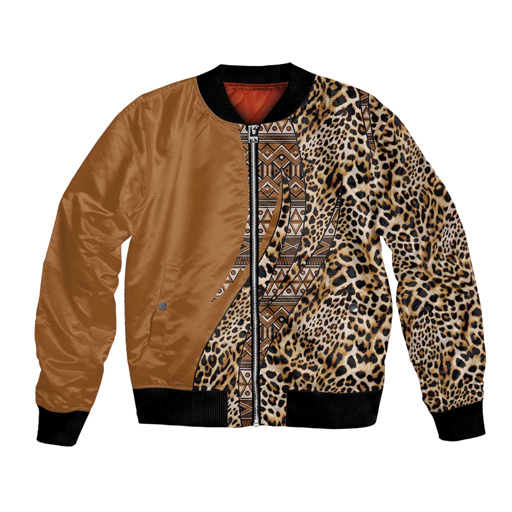 Gold bomber jacket with leopard print front panels and tribal stripe design, ribbed cuffs.