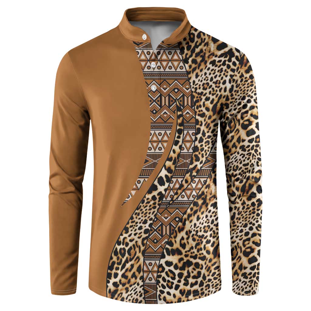 Gold button henley sweatshirt with leopard and tribal patterned front