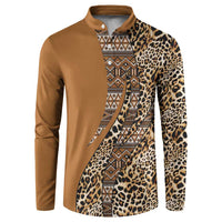 Gold button henley sweatshirt with leopard and tribal patterned front