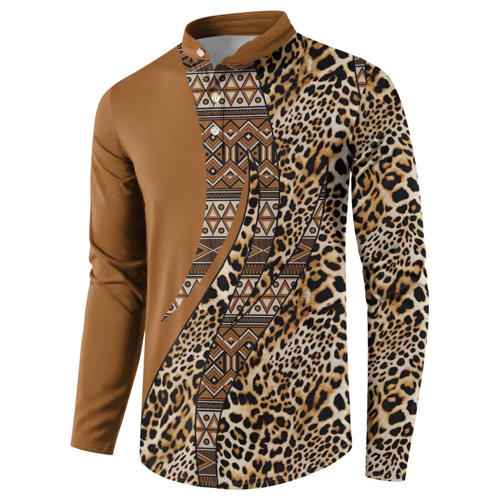 Gold button henley sweatshirt, leopard print sleeves and tribal panel at center