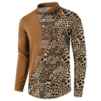 Gold button henley sweatshirt, leopard print sleeves and tribal panel at center