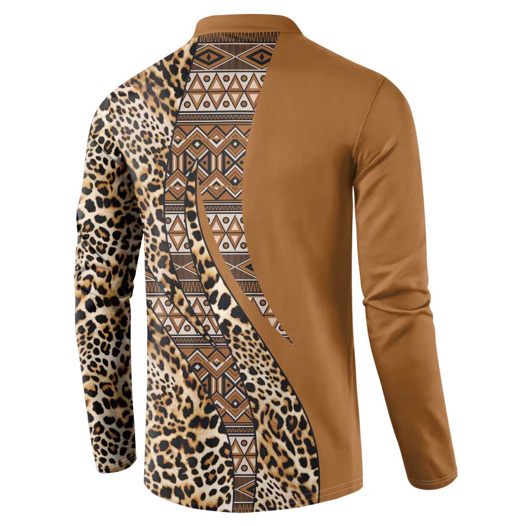 Gold button henley sweatshirt with leopard back and geometric tribal stripe