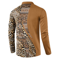 Gold button henley sweatshirt with leopard back and geometric tribal stripe