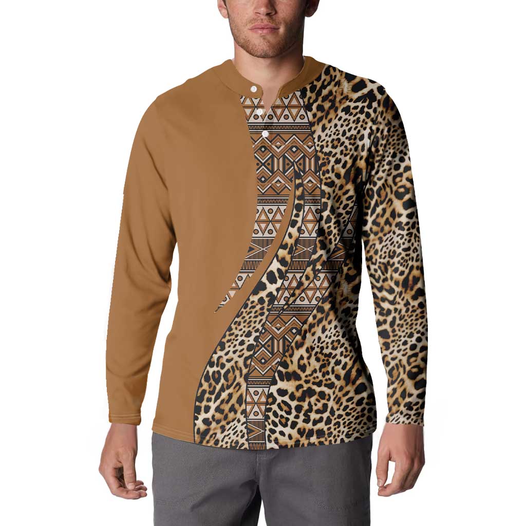 Gold button henley sweatshirt with leopard print and tribal graphic stripe across chest
