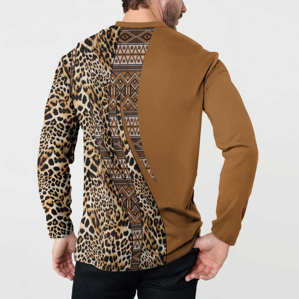 Gold button henley sweatshirt back view with leopard print and tribal geometric panel