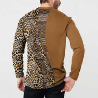 Gold button henley sweatshirt back view with leopard print and tribal geometric panel