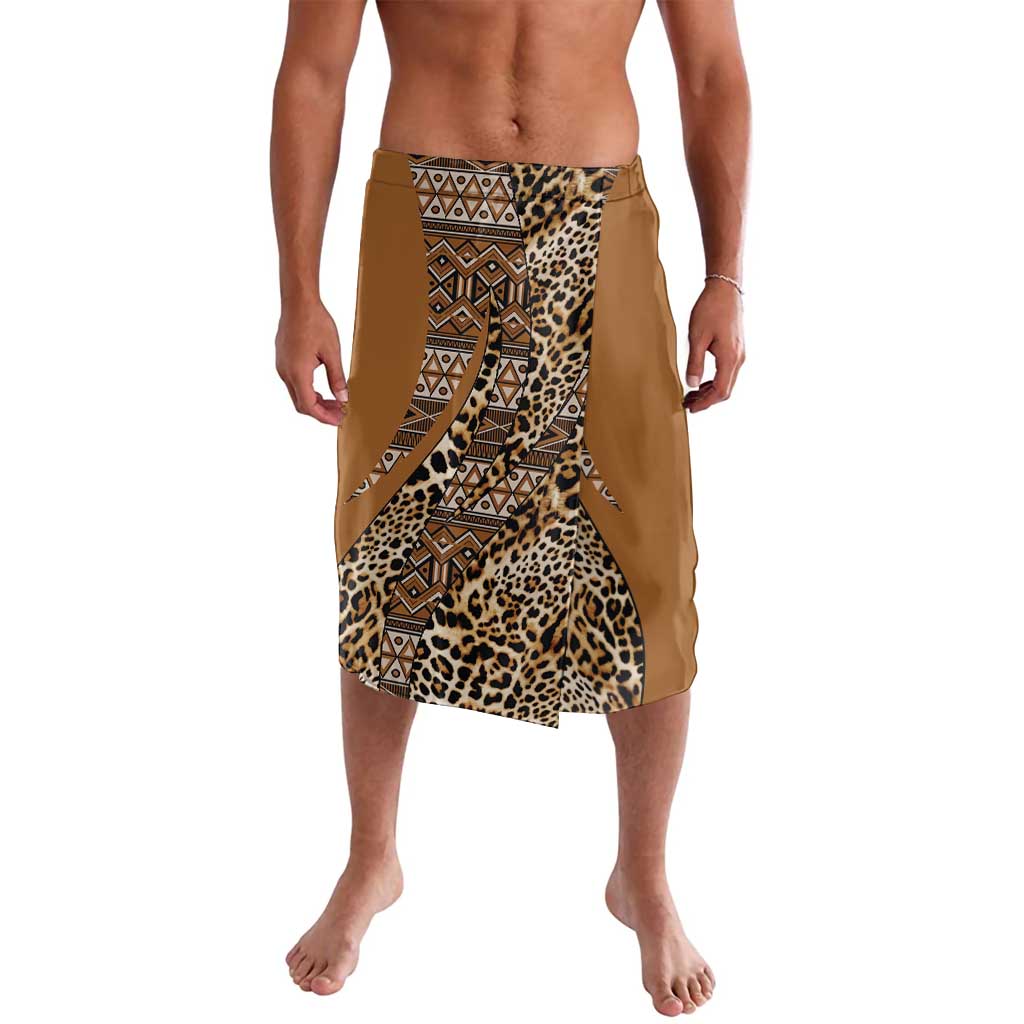 Gold tribal-pattern lavalava wrap skirt with leopard print and geometric panels