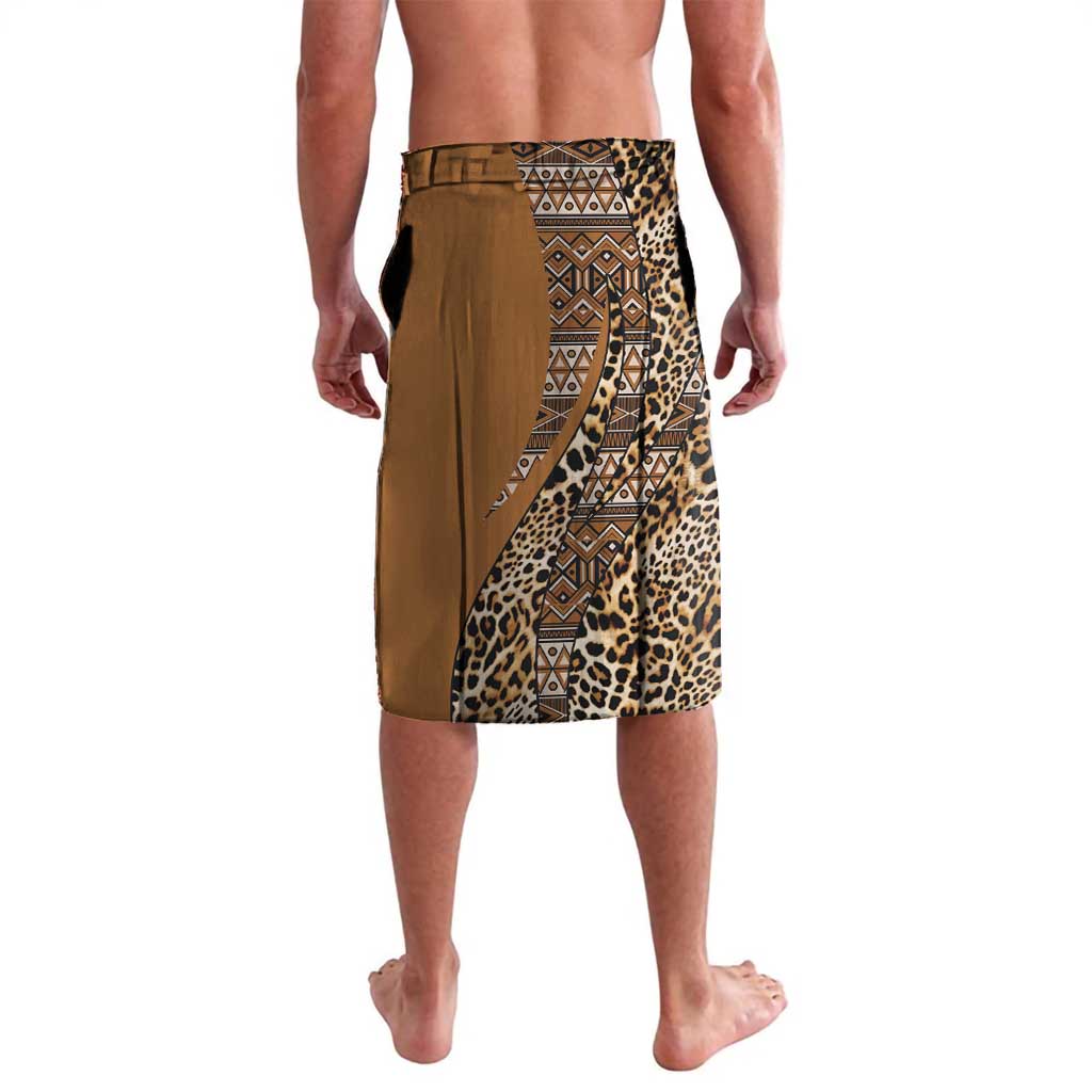 Gold and tan lavalava wrap skirt with leopard print and diamond geometric design