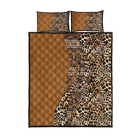 Gold quilt bed set with quilted panels, leopard print center and tribal border, two pillowcases