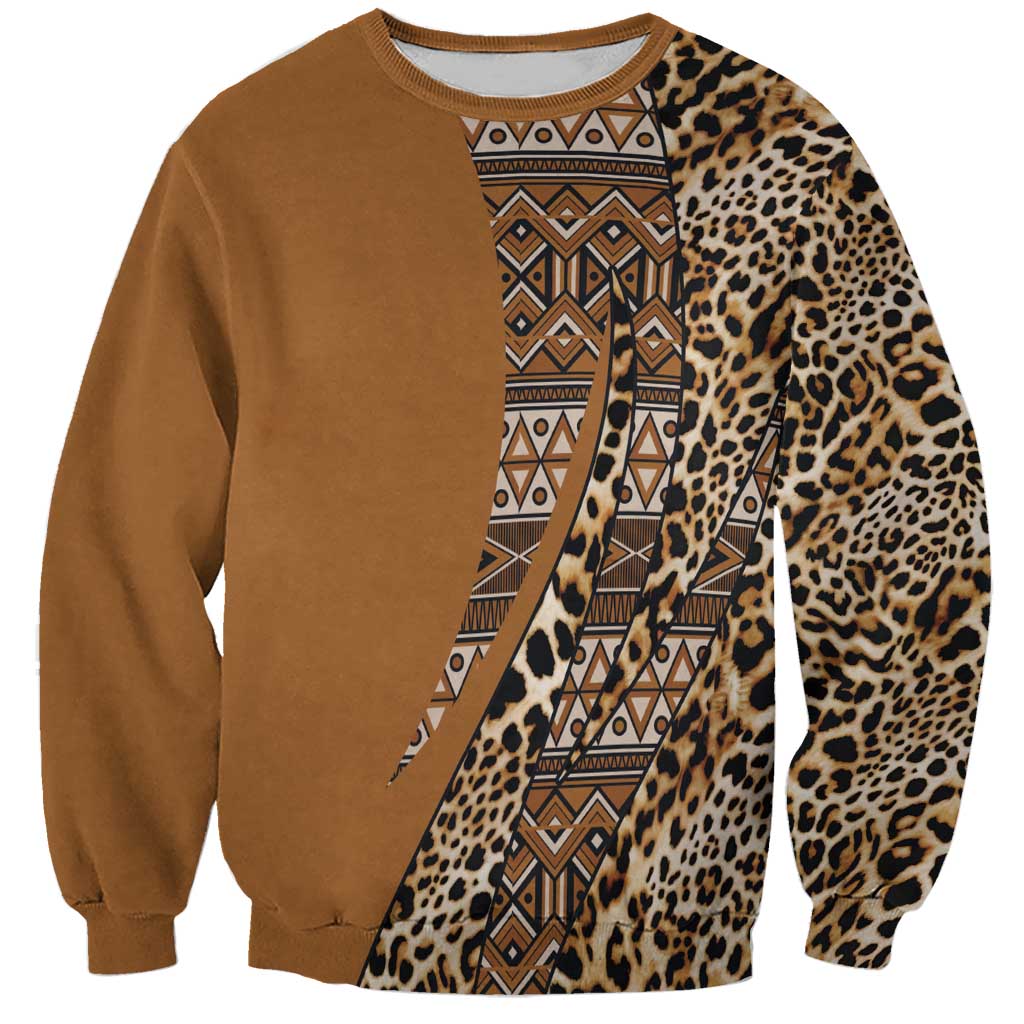 Leopard and tribal geometric print sweatshirt, gold-brown front panel with long sleeves