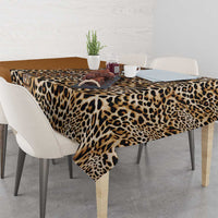 Leopard print tablecloth with native tribal border, gold and dark tan tones