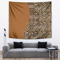 Gold and brown wall tapestry with leopard print and vertical tribal stripe motif