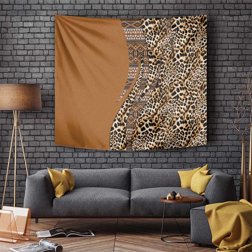 Gold and brown decorative tapestry with leopard print and aztec-style geometric stripe