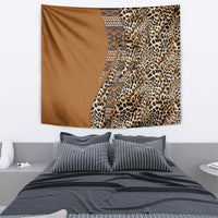Gold and brown tapestry with leopard print right half and tribal diamond border