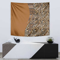 Gold and brown tapestry featuring leopard spots and patterned tribal panel