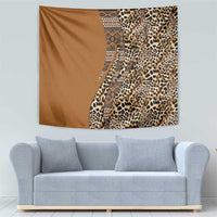 Gold and brown wall tapestry with leopard spots and tribal patterned strip