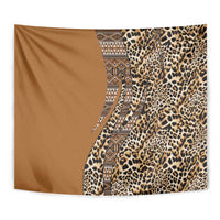Gold and brown tapestry with leopard print and tribal geometric bands