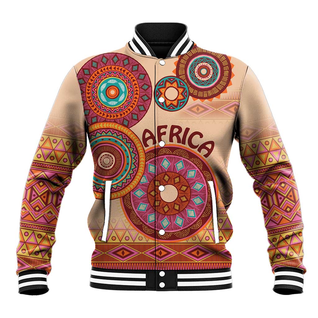 Beige baseball jacket with colorful tribal circular motifs, ribbed striped collar and cuffs