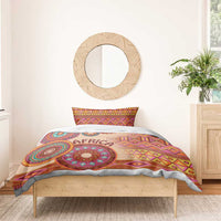 Beige tribal bed cover with colorful "AFRICA" graphic and two matching pillow shams