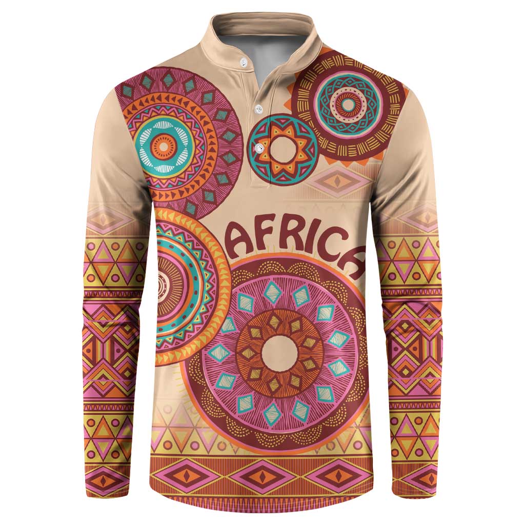 Beige tribal button sweatshirt with henley collar, front Africa text and circular design