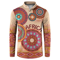 Beige tribal button sweatshirt with henley collar, front Africa text and circular design