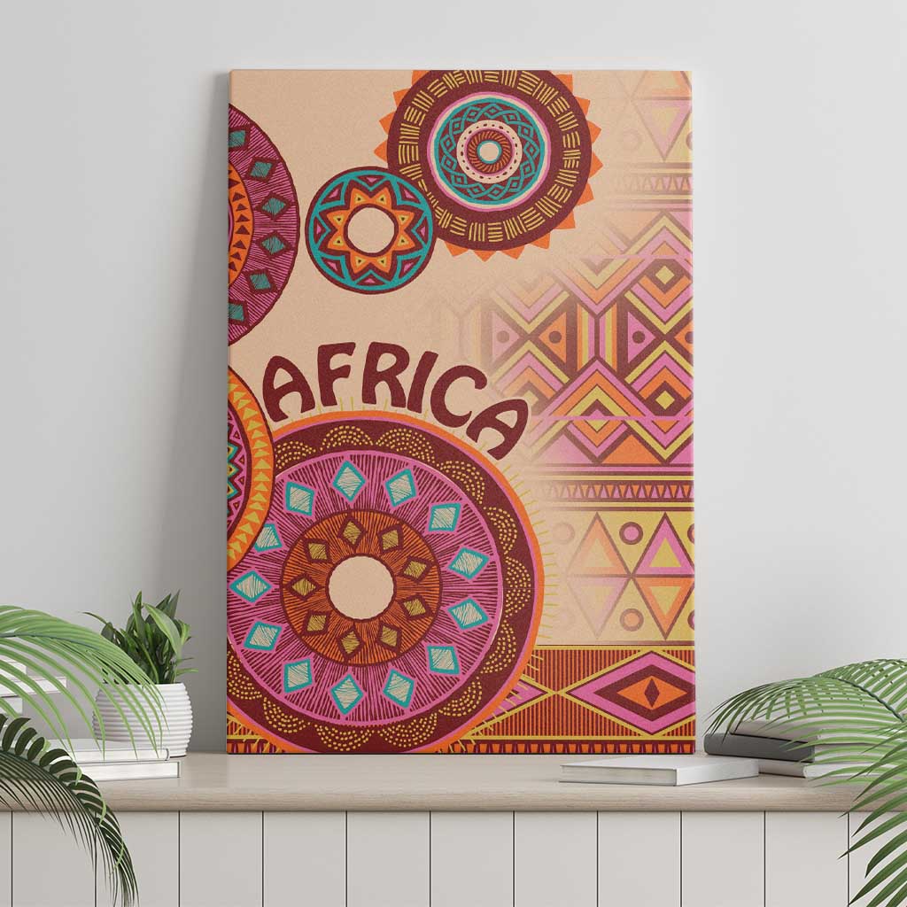 Beige tribal canvas wall art with circular motifs, geometric pattern, and 'AFRICA' text.