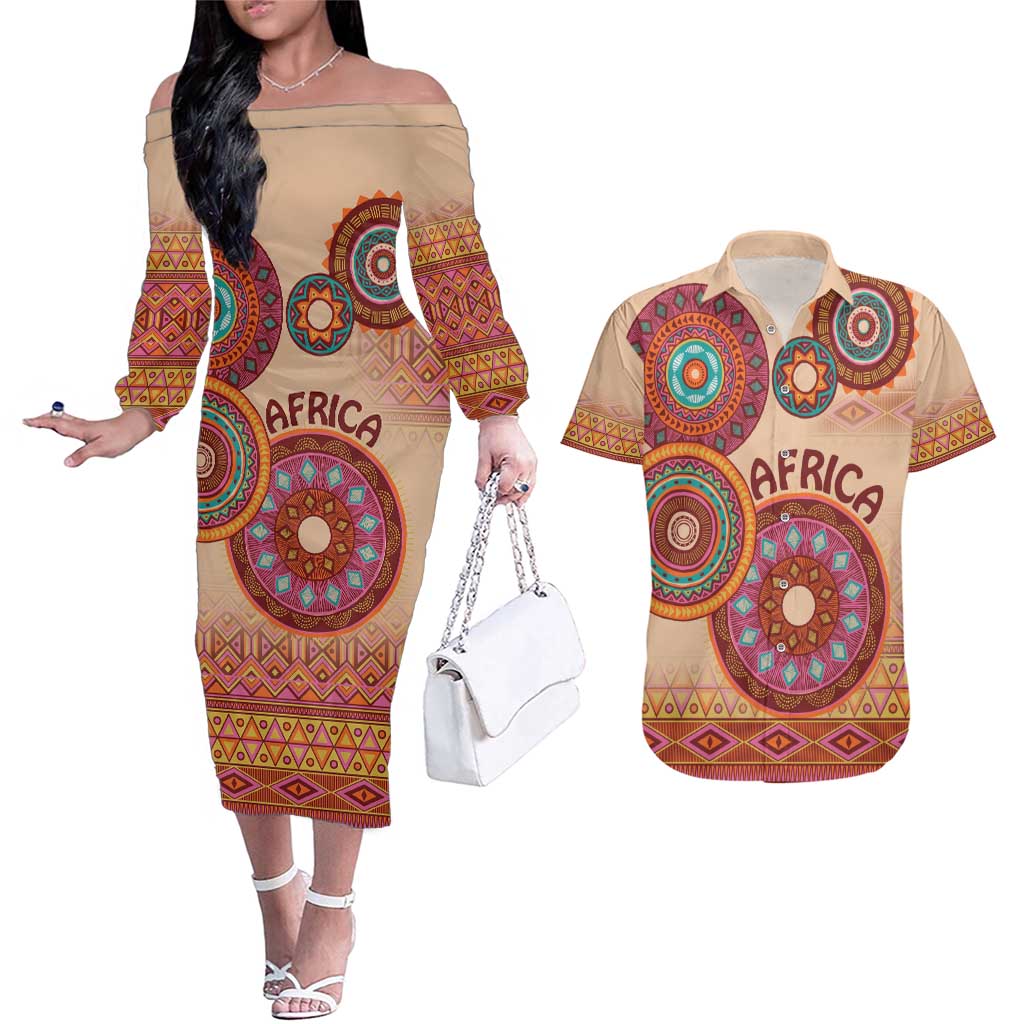 Africa Tribal Traditional Pattern Couples Matching Off The Shoulder Long Sleeve Dress and Hawaiian Shirt Beige Motif LT9 - Wonder Print Shop