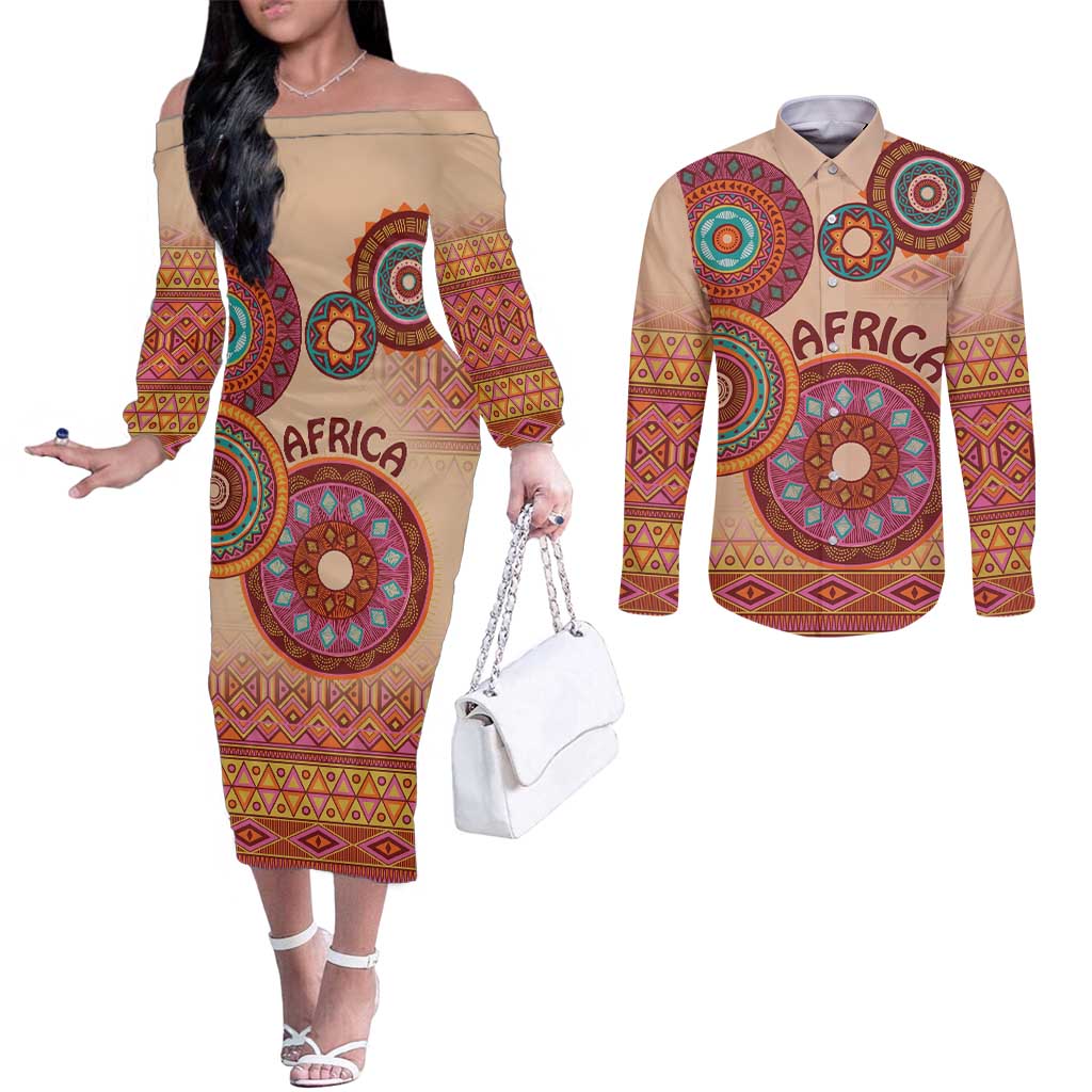 Africa Tribal Traditional Pattern Couples Matching Off The Shoulder Long Sleeve Dress and Long Sleeve Button Shirt Beige Motif