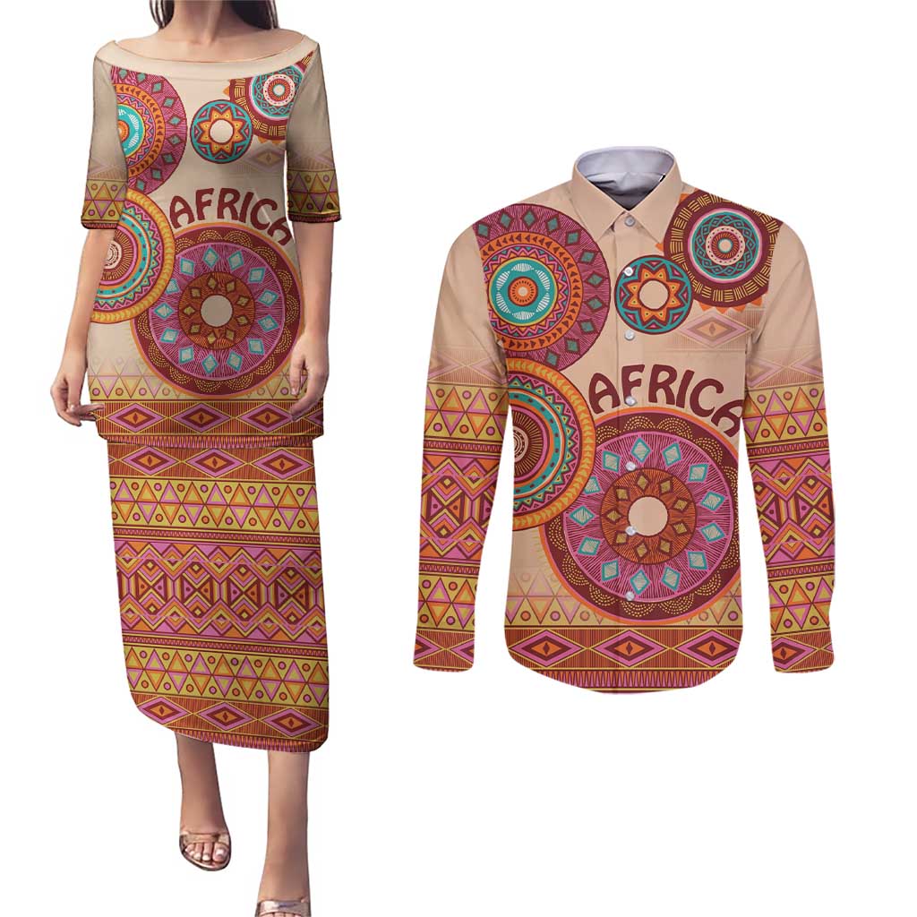 Africa Tribal Traditional Pattern Couples Matching Puletasi and Long Sleeve Button Shirt Beige Motif LT9 - Wonder Print Shop