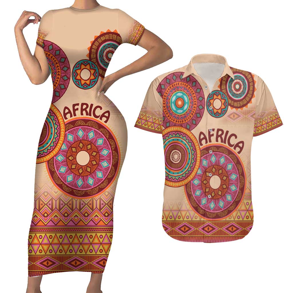 Africa Tribal Traditional Pattern Couples Matching Short Sleeve Bodycon Dress and Hawaiian Shirt Beige Motif LT9 - Wonder Print Shop