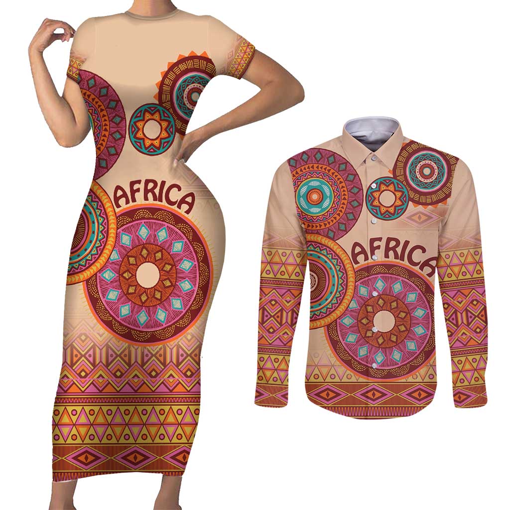 Africa Tribal Traditional Pattern Couples Matching Short Sleeve Bodycon Dress and Long Sleeve Button Shirt Beige Motif LT9 - Wonder Print Shop