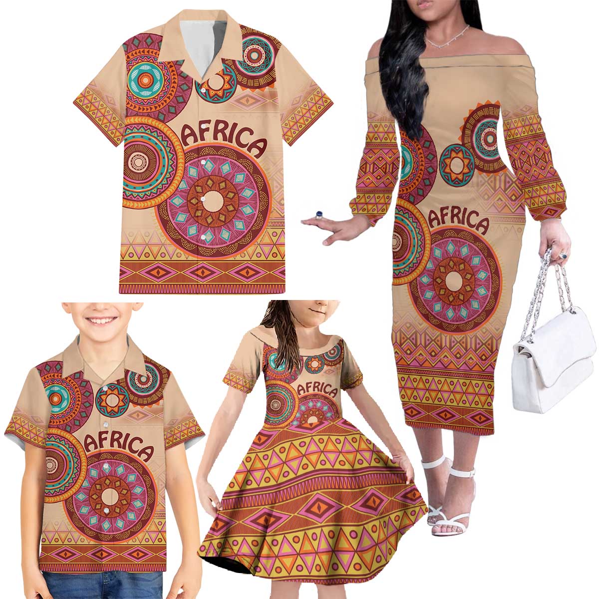 Africa Tribal Traditional Pattern Family Matching Off The Shoulder Long Sleeve Dress and Hawaiian Shirt Beige Motif - Wonder Print Shop