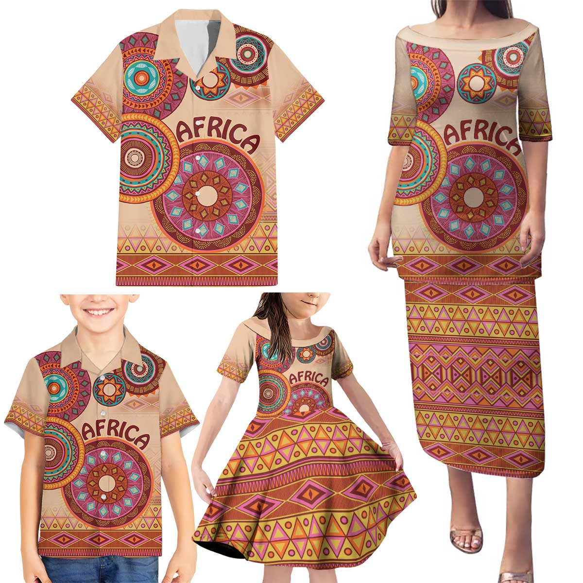 Africa Tribal Traditional Pattern Family Matching Puletasi and Hawaiian Shirt Beige Motif - Wonder Print Shop