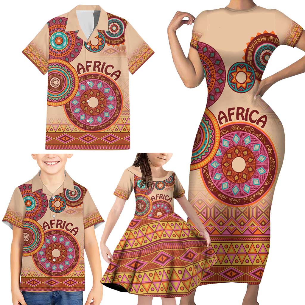 Africa Tribal Traditional Pattern Family Matching Short Sleeve Bodycon Dress and Hawaiian Shirt Beige Motif - Wonder Print Shop