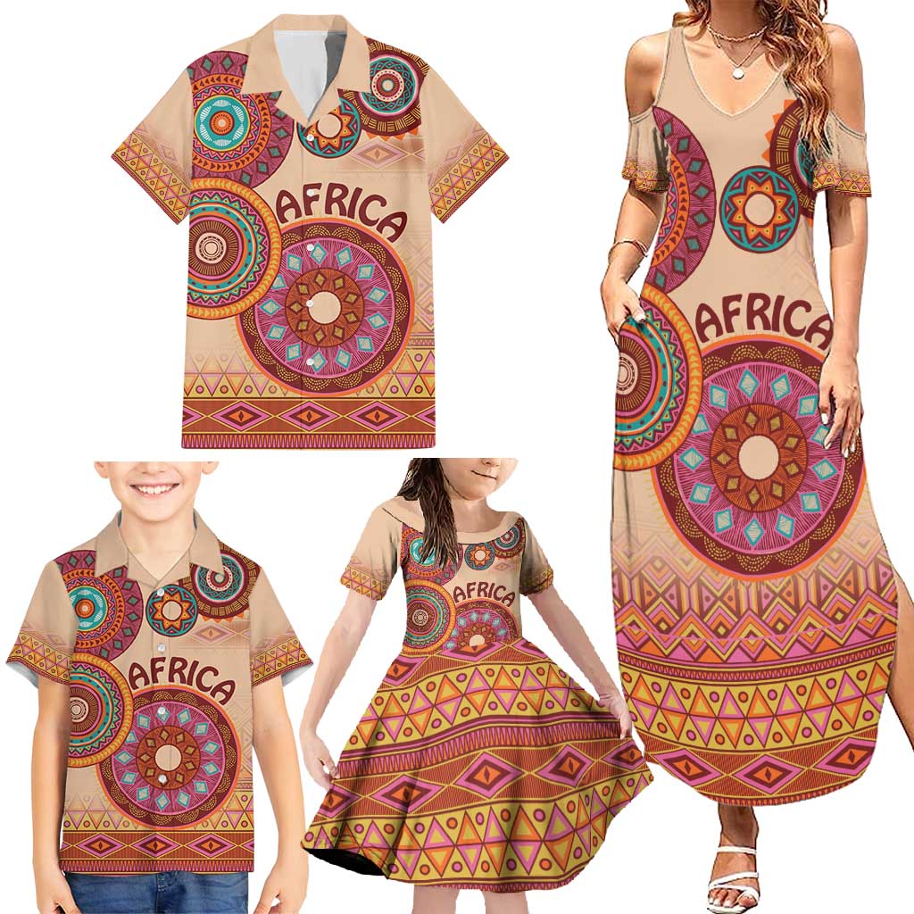 Africa Tribal Traditional Pattern Family Matching Summer Maxi Dress and Hawaiian Shirt Beige Motif - Wonder Print Shop